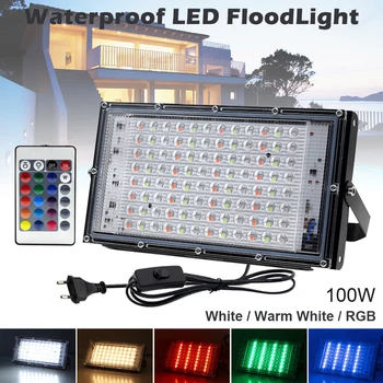 100W LED Prožektorius RGB Kraštovaizdžio Lemputė 220V IP65 Vandeniui Potvynių Šviesos Jungiklio Laidą Lauko Apšvietimas