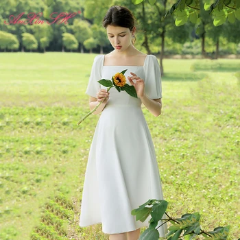 AnXin SH prancūzijos Šviesą white satin brangioji trumpas rankovės šalies užtrauktukas nuotaka paprasta Senovinių vestuvių suknelė maža balta suknelė