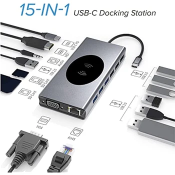 C tipo STEBULĖS Dokas Docking Station 15 In 1 USB ŠAKOTUVĄ, C Tipo HDMI-suderinama RJ45 Belaidžio Įkrovimo USB 3.0 Adapteris, skirtas 
