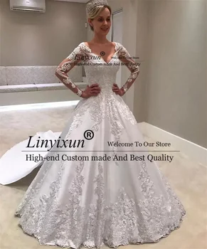 Elegantiškos Linijos Nėrinių Vestuvių Suknelės Su Aplikacijos Vien Ilgomis Rankovėmis Vestuvinės Suknelės Mygtuką Atgal Valyti Traukinio Vestido De Novia