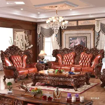 Europos medžio masyvo odos sofos derinys prabangos didelių Amerikietiško stiliaus vila kambarį retro pirmas sluoksnis karvės odos meno sofa
