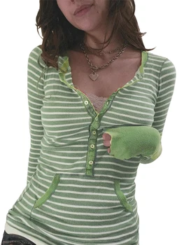 Moterų Y2K ilgomis Rankovėmis Viršuje Megztas Dryžuotas Marškinėliai Slim Fit Marškinėlius Estetinės Megztinis Megztinis Viršūnes Streewear