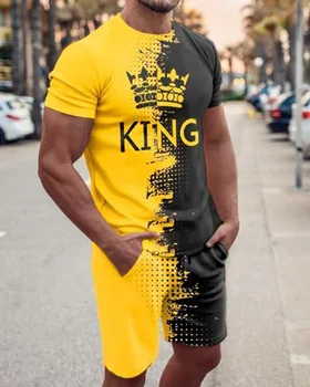 Naujų Rinkinių Vyrų Tracksuit Vasaros 3D T-Marškinėliai Vyrams, Atsitiktinis 2 dalių Komplektas Sporto Komplektus Mens Karalius Rinkinių Derlius Negabaritinių vyriški drabužiai