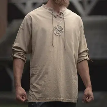 Palaidinės Vyrų Atsitiktinis Vasarą Vyrams Marškinėliai ilgomis Rankovėmis Viking Siuvinėjimo Drobę V Kaklo Vyrų T-Shirt Patogūs dėvėti Kasdien Gyvenime 