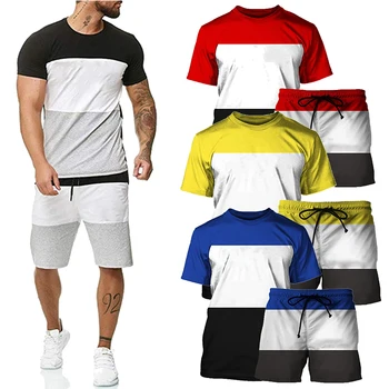 Vyrų Mados T-shirt & Šortai Dviejų dalių Komplektas Colorblock trumpas rankovėmis ir Šortai Rinkiniai Vyrams Vasaros Kasdienių Drabužių Plius Dydis S-4XL